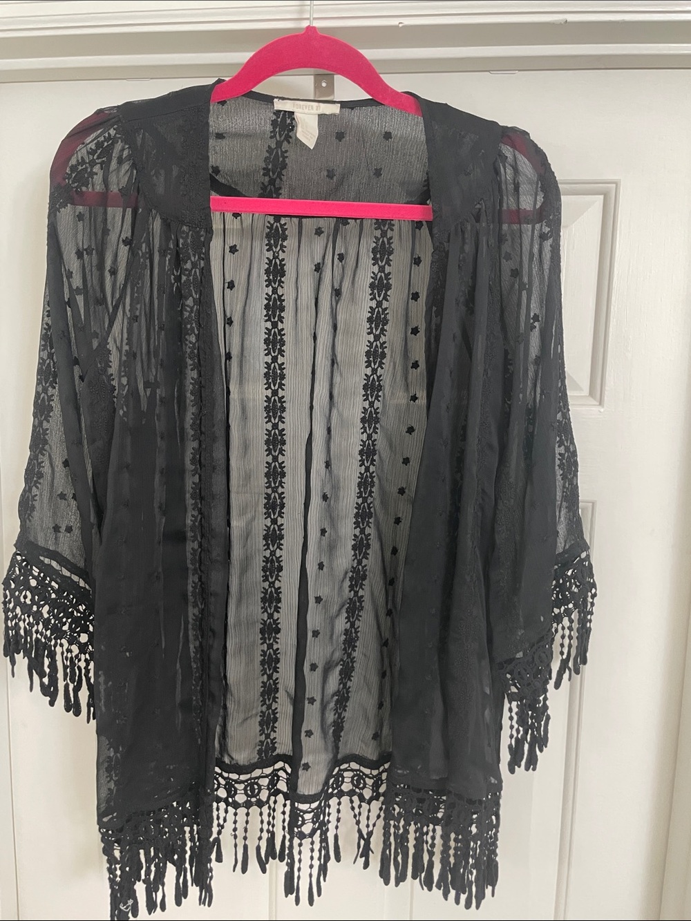 Black sheer lace kimono cardigan with fringe Forever 21 small coverup